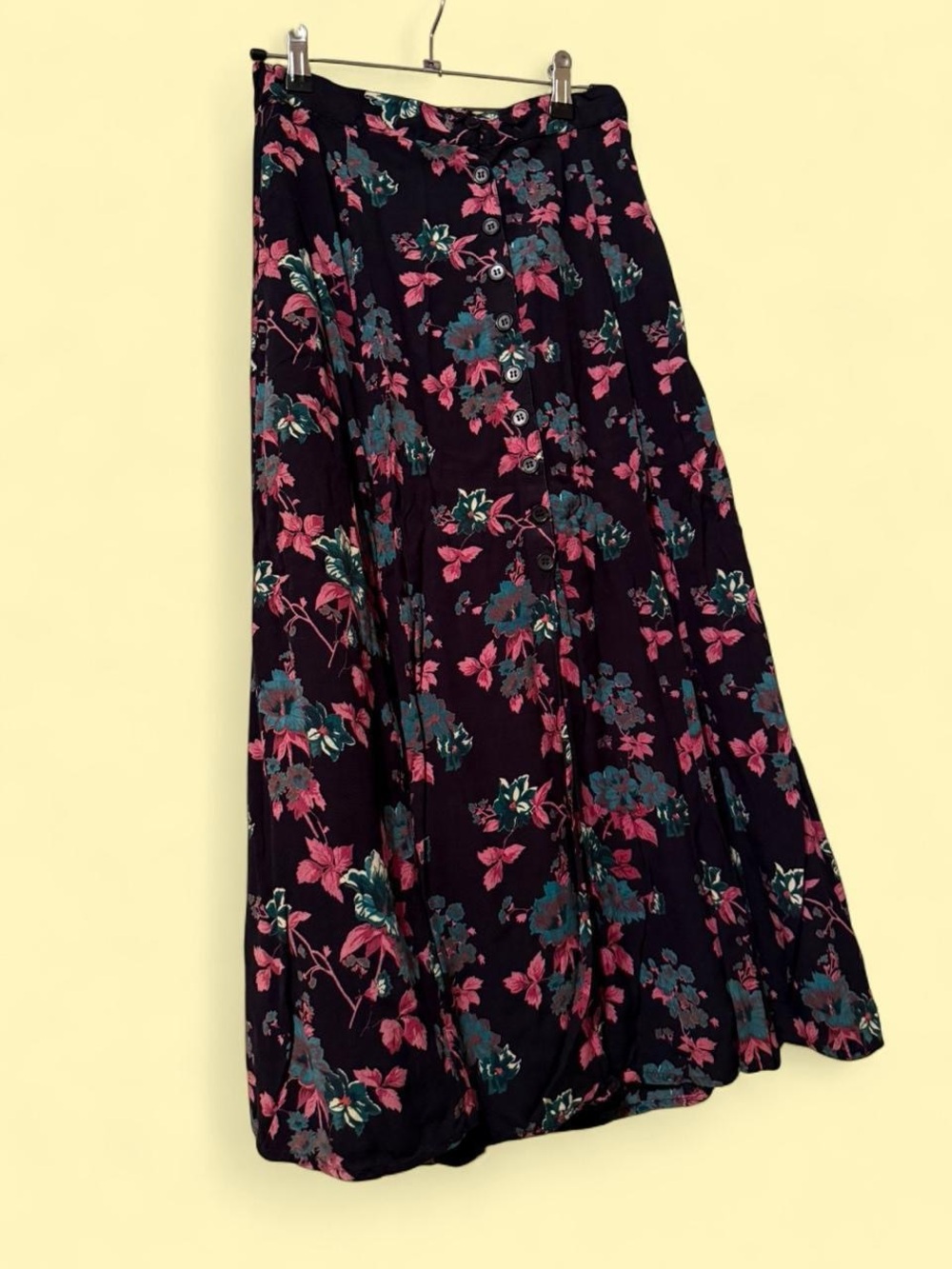 Floral Button-Front Maxi Skirt in Black with Pink & Teal Flowers